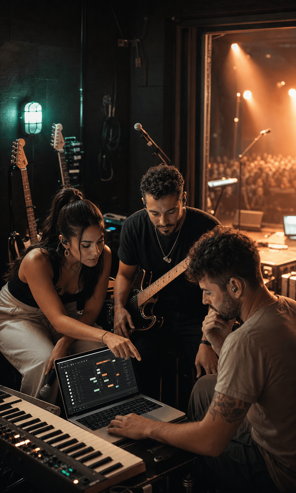 Banda coordinando su repertorio con SELAH antes de salir al escenario